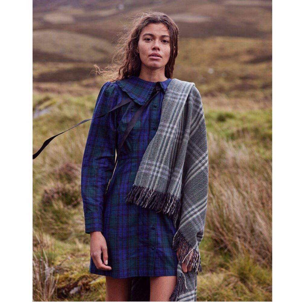 Hill House Womens Hazel Mini Dress S Blackwatch Tartan Long Sleeve Button Front